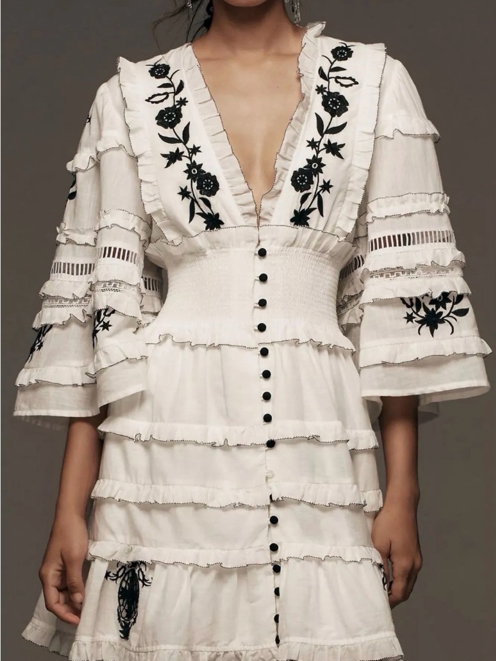 NWT ANTHRO Embroidered Ruffled Mini Dress (S) MSRP $188 - Picture 2 of 5